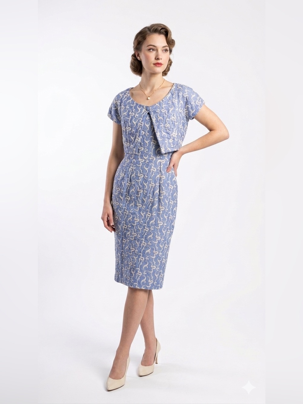 Vintage Powder Blue Embroidered Dress & Jacket Set by Madeline Fauth  XS/S
